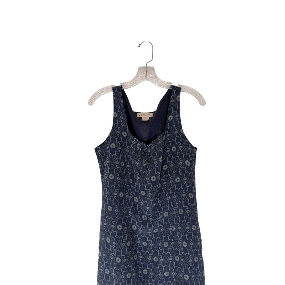 Merona Dress Silk Blue Vintage 90s‎ Sleeveless Geometric Print Tie Front Size 14 - Picture 3 of 11